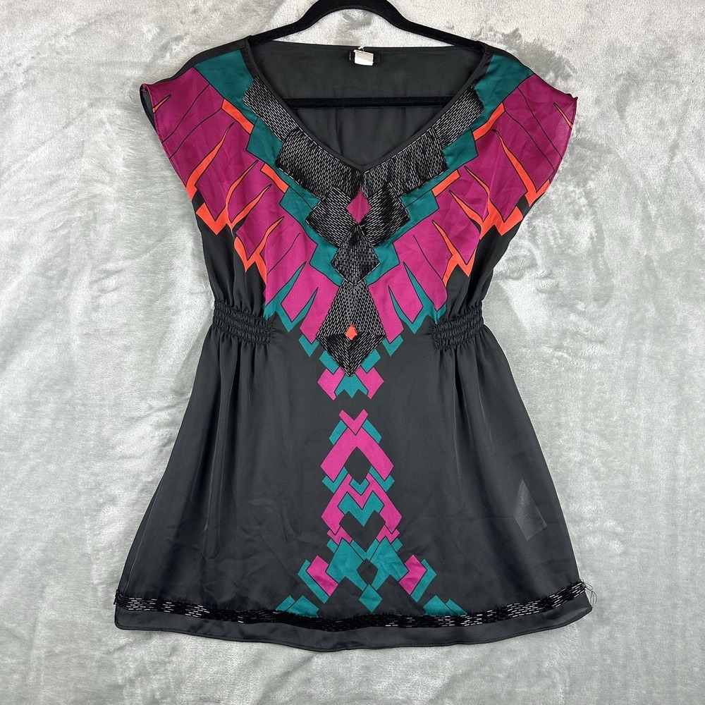 H&M Tunic Top Women's 4 Black w/ Pink Green Orange Geometric Pattern Beaded NEW